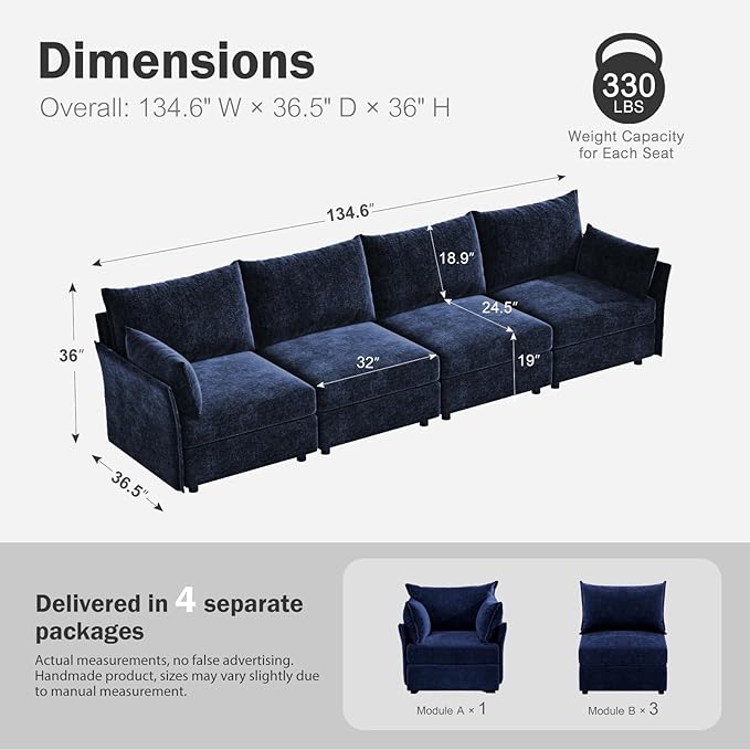 134.6" Modular Sectional Sofa, Oversized 4 Seater Blue Couch with Removable Chenille Fabric Cover, Deep Seat & High Backrest for Living Room, Office & Apartment-CasaMuseHome