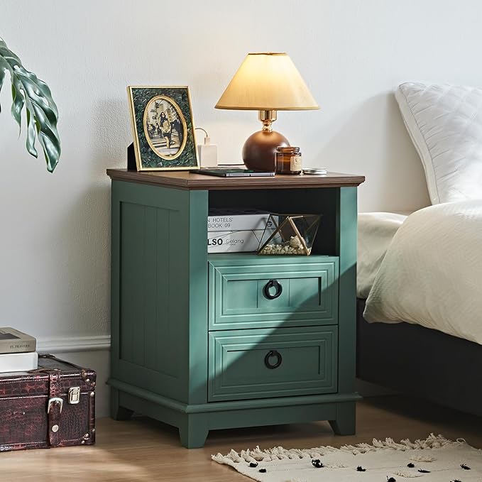 18" Farmhouse Night Stands Set of 2 with Charging Station, 2 Drawers Bedside End Table, Green Wooden Nightstand, Bed Side Table Cabinet with Open Shelf for Bedroom Living Room Office-CasaMuseHome