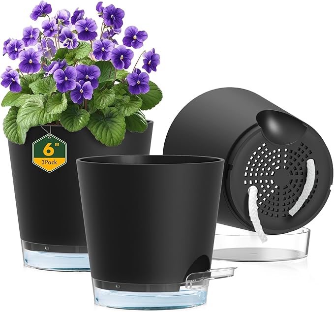 6 inch Self Watering Pots for Indoor Outdoor Plants, 3 Pack Flower Plant Pots with Drainage Holes and Clear Reservoirs, Visible Water Level, Plastic Planters with Wicking Rope, Black-CasaMuseHome
