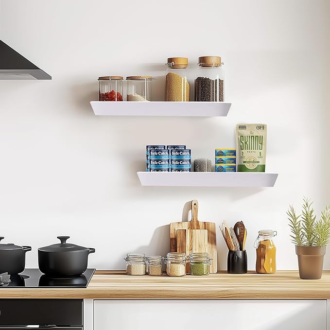 16"x6.8"x1.6" Slanted Floating Wall Shelves 2-Pack - Rustic White Finish, Heavy-Duty Solid Wood Design with Hidden Brackets - Perfect for Living Room, Kitchen, Bathroom, or Office-CasaMuseHome