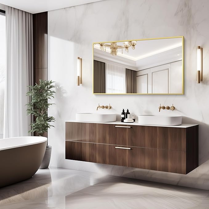 36x55inch Bathroom Mirror, Gold Rectangle Mirror with Thin Metal Frame, Large Rectangular Wall Mirror for Bathroom, Living Room, Hair Salon, Big Farmhouse Mirror Hang Horizontal/Vertical-CasaMuseHome