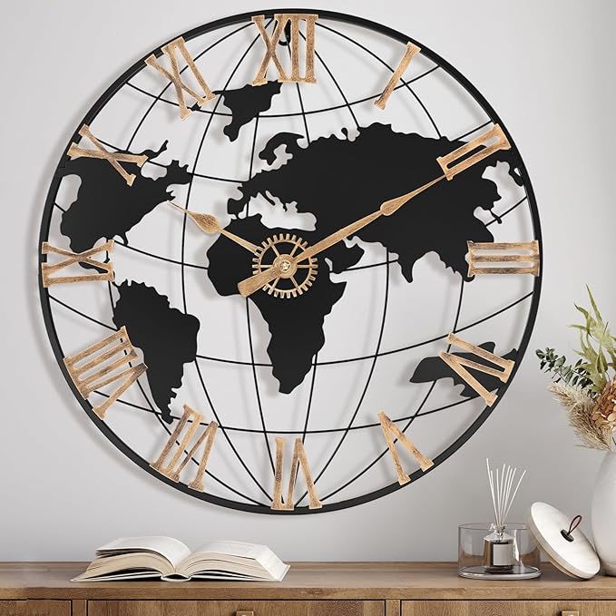 24 Inch Large Wall Clock for Living Room Decor,Big Modern Decorative Silent World Map Metal Wall Clock with Vintage Gold Roman Numeral for Office,Living Room,Kitchen,Dining Room-CasaMuseHome