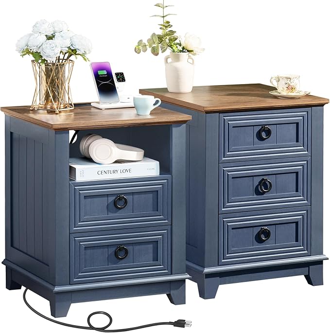 18" Farmhouse Night Stands Set of 2 with Charging Station, 2 & 3 Drawers End Table Dresser for Bedroom, Blue Wooden Nightstand, Bed Side Table with Open Shelf, Bedside Cabinet for Living Room-CasaMuseHome