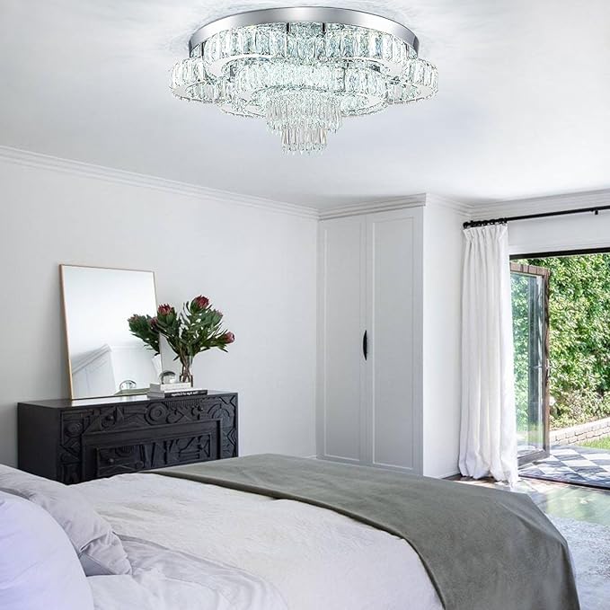 21 Inch Crystal Chandeliers with Remote Control LED Chandelier Modern Mount Flush Mount Chandelier Ceiling Light Fixtures for Bedroom Living Room Dining Room(Dimmable)-CasaMuseHome