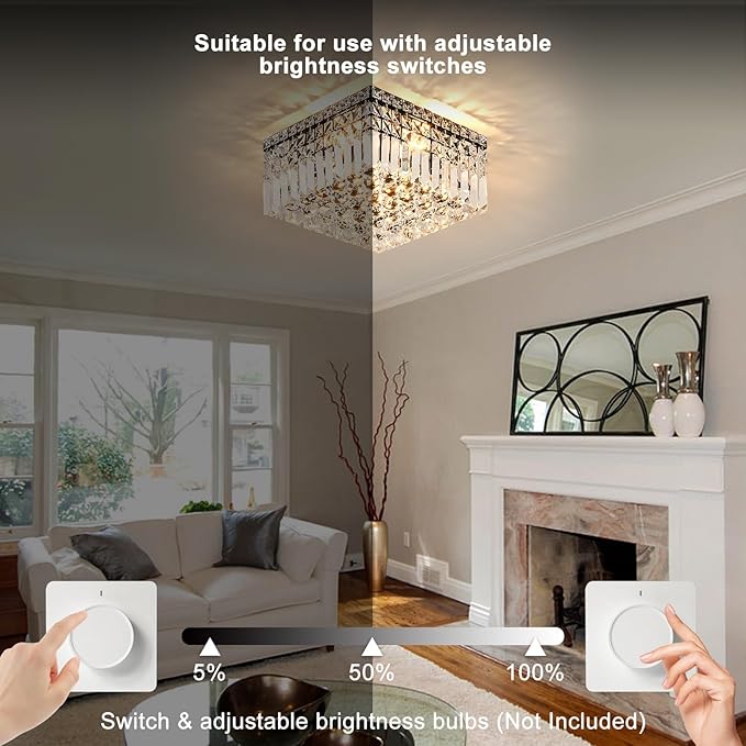 4-Light Black Crystal Chandeliers Flush Mount Chandelier Light Fixture with K9 Crystals Modern Ceiling Lights Elegant Square Lamp for Bedroom,Hallway,Bar,Living Room,Dining Room,H5.9 xW13.7-CasaMuseHome