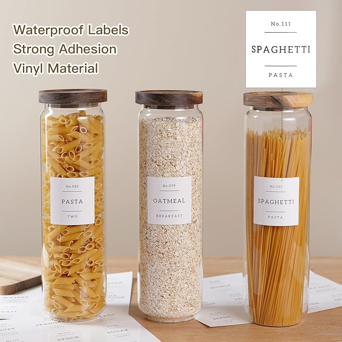 3 Set Glass Pantry Storage Jars with Acacia Airtight Lid - 50oz Thicken Glass Kitchen Canisters with 132 Pantry Labels - Tall Food Storage Containers with Wood Lid for Pasta,Spaghetti,Cereal-CasaMuseHome