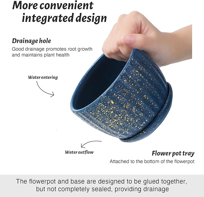 4/5/6 Inches Ceramic Plant Pots with Drainage Holes and Saucers, Round Flower Pots for Indoor Plant, Modern Flower Planters Set of 3 (Blue with Dot-Big Size)-CasaMuseHome