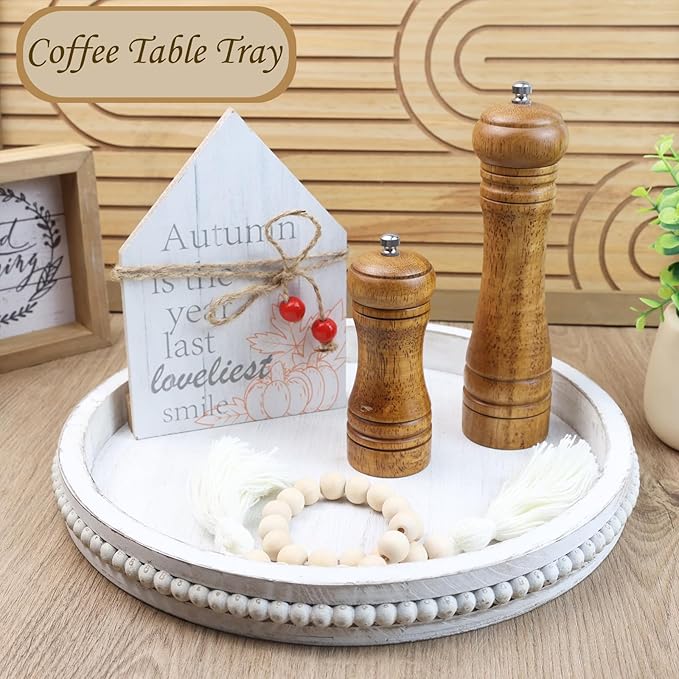 Round Wood Serving Tray with Beads, White Washed Wooden Decorative Tray for Entertaining, Decoration, and Gifting-CasaMuseHome