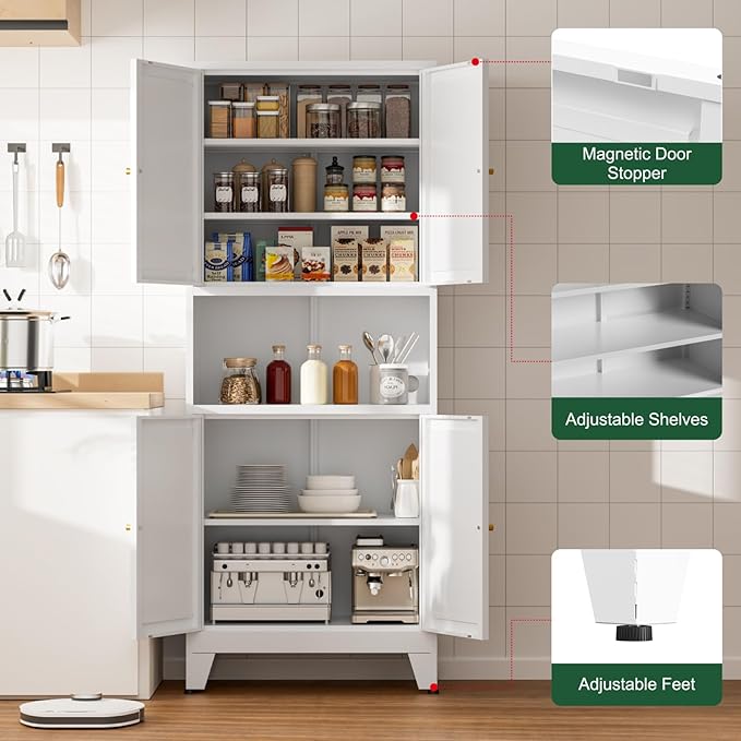 69" Tall Kitchen Pantry Cabinet, Metal Storage Cabinet with 4 Doors and Adjustbale Shelves, Freestanding Cupboards for Dining Room, Living Room, Bathroom-CasaMuseHome