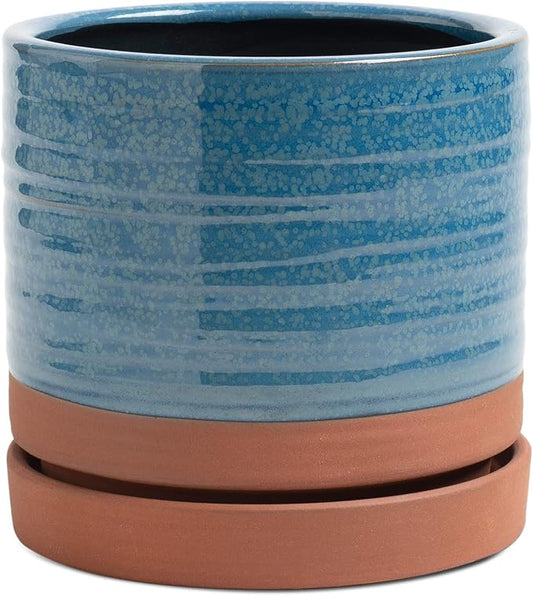 6 Inch Plant Pots, Ceramic Planter Pot with Drainage Hole & Saucer, Indoor/Outdoor Cylinder Round Planter Pot, Aqua Blue & Terracotta Red-CasaMuseHome