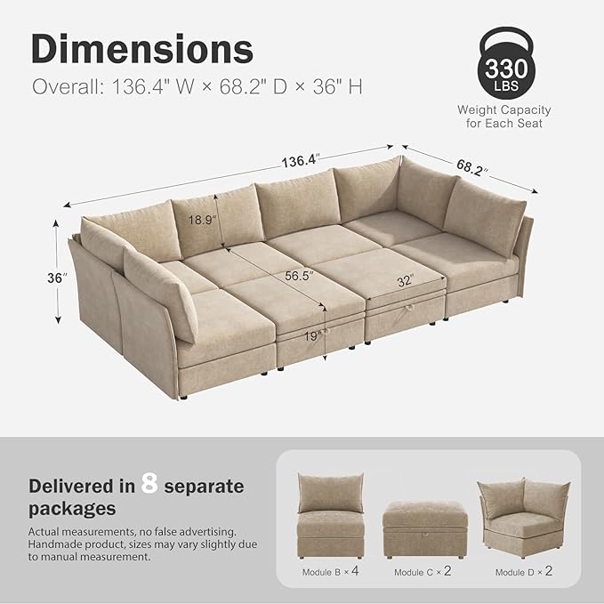 136.4" Oversized Modular Sectional Sleeper Sofa Bed, U Shaped Convertible Couch with Movable Ottoman, Large 8 Seat Corner Couches for Living Room Deep Seat Beige Chenille-CasaMuseHome