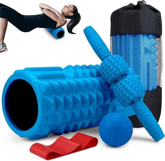 5-in-1 Foam Roller Set, Massage Roller Stick, Massage Ball, Resistance Band for Deep Muscle Massage, Trigger Point Release, Pilates, Yoga (Blue)-CasaMuseHome