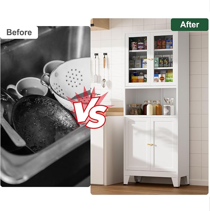 69" Tall Pantry Cabinet, Kitchen Storage Cabinet with 2 Glass Doors and Adjustbale Shelves, Freestanding Metal Cupboards for Dining Room, Living Room, Bathroom-CasaMuseHome