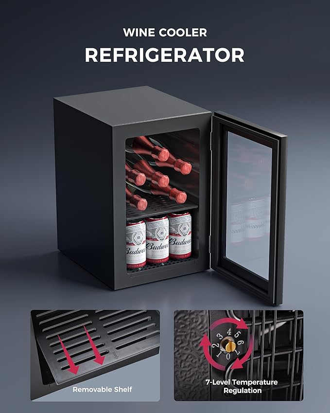 6 Bottles and 6 Cans Compact Beverage Refrigerator, Freestanding Mini Fridge with Temperature Control for Beer Wine, Under Counter Small Refrigerator Adjustable Shelve & Glass Door for Home and Bar-CasaMuseHome