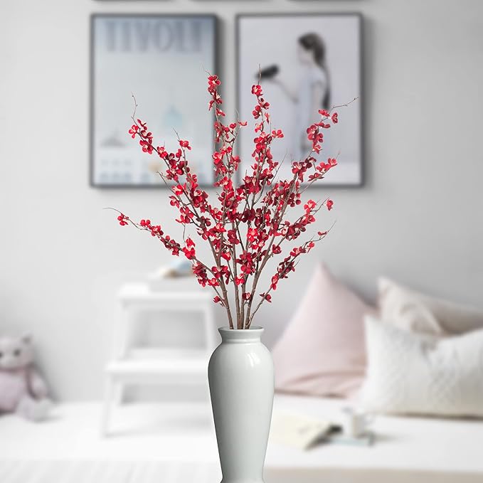 4Pcs Cherry Blossom Branches Artificial Flowers for Spring Summer Indoor Decoration,Faux Long Stem Artificial Flowers for Wedding Home Office Bedroom Party Table Centerpieces Decor(Red)-CasaMuseHome