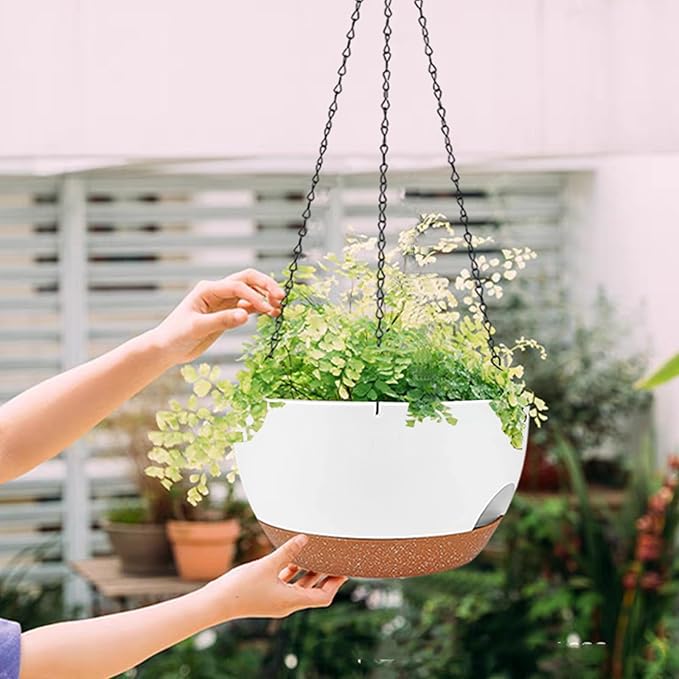 2 Pack Hanging Planters for Indoor Outdoor Plants, 12 Inch Self Watering Hanging Pot with Drainage Holes and Saucer, Plastic Plant Pots, White Brown Flower Pots for Kitchen, Balcony, Garden-CasaMuseHome