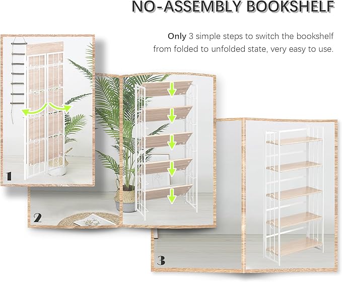 4NM No Assembly 5 Tiers Folding Bookshelf, 59.4" H Foldable Storage Shelves Vintage Bookcase Standing Racks Study Organizer Home Office - Natural White-CasaMuseHome