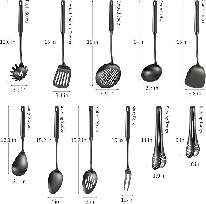 304 Stainlss Steel Matte Kitchen Utensils Set, 11 Pcs Long Metal Cooking Utensil Gadgets Tools Set with Spatula, Ladle, Spoon, Ladle, Skimmer, Tunner, Pasta Server, Tongs(Black, Dishwasher Safe)-CasaMuseHome