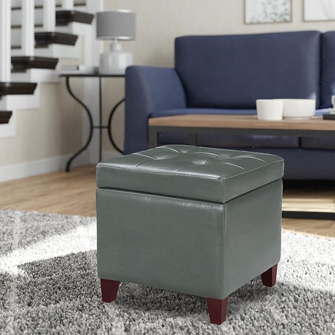 Adeco Bonded Leather Square Tufted Cubic Cube Footstool, 18" Height Storage Ottomans, with Lid, Cement Grey-CasaMuseHome