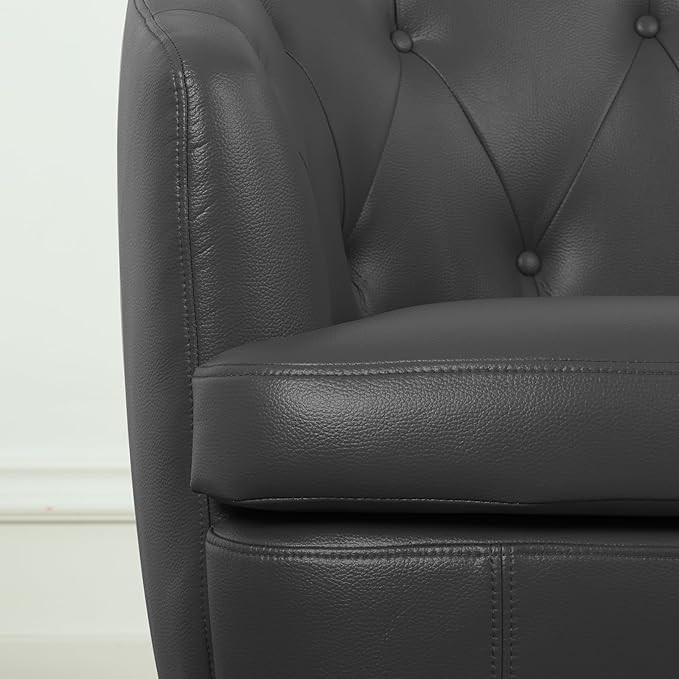 360° Swivel Leather Accent Chair, Modern Barrel Club Chair with Leather Upholstery and Sturdy Base, Comfortable Armchair for Living Room, Bedroom, Reading Nook, Brown-CasaMuseHome