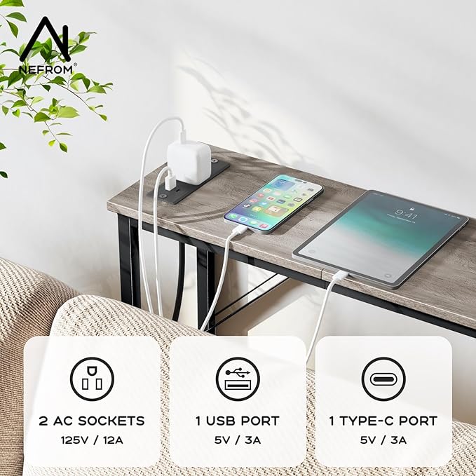 47.2'' Console Table, Skinny Entryway Table with Fast-Charging Station, Narrow Long Sofa Table, Behind Slim Couch Table for Entrance, Hallway, Living Room Decor ST-GY120-1-CasaMuseHome