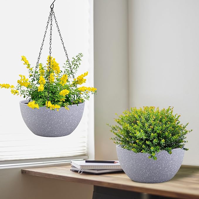 8 inch Small Hanging Planters for Indoor Outdoor Plants, 2 Pack Hanging Flower Pots with Drainage Holes and Chain for Garden Porch, Plastic Hanging Baskets for House Plants, Speckled Grey-CasaMuseHome