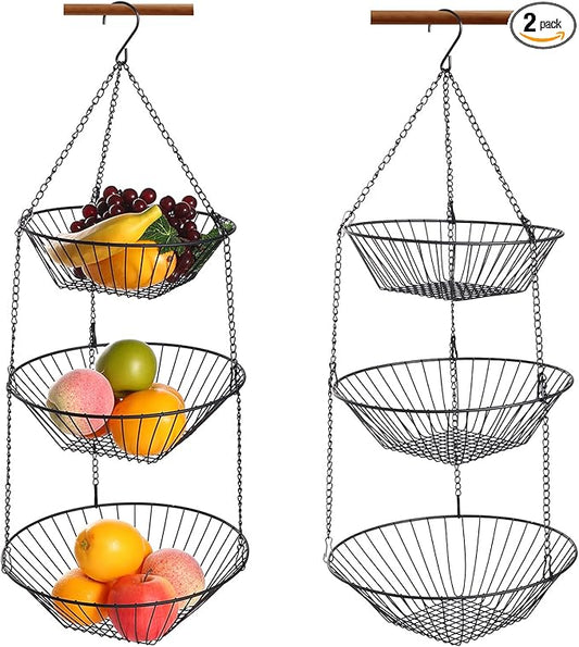3-Tier Wire Fruit Hanging Basket 2 Packs,non-Punching Wall Hanging Storage,Kitchen Bathroom Organization Basket,Suitable for Bathroom,Kitchen,Closet,Garden,Black-CasaMuseHome