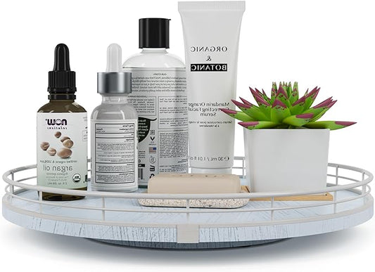 13" Oak Bathroom Vanity Tray Turntable for Perfume Candle, Round Wooden Decorative Tray for Kitchen Sink Countertop Organizer, Bathroom Counter Organizer for Skincare Makeup, Rustic White-CasaMuseHome