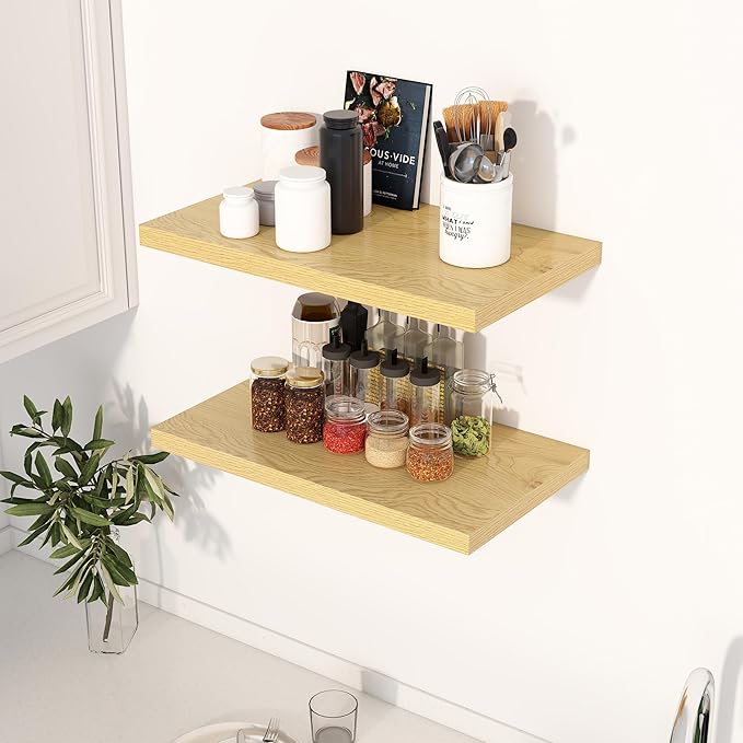 24" Floating Shelves for Wall, 12" Deep Slim Oak Floating Shelves, Wall-Mounted Shelves for Bedroom, Living Room, Kitchen, Bathroom - Set of 2-CasaMuseHome