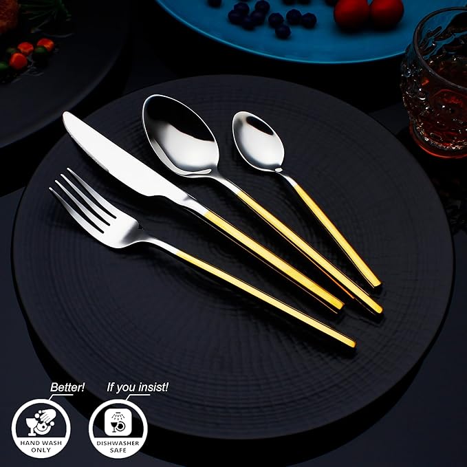 24 Piece Silverware Set For 6 Gold Handle Heavy duty 18/10 Stainless Steel Flatware Set Modern Design Knife/Fork/Spoon Mirror Polished Dishwasher Safe Cutlery Set with Gifts-CasaMuseHome