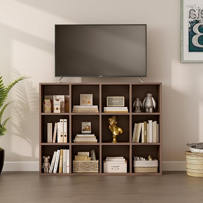 12-Cube Storage Shelf Bookcase - Wooden 3-Tier Floor Standing Open Bookshelf for Home and Office, Cuby Orgainzer, Walnut-CasaMuseHome