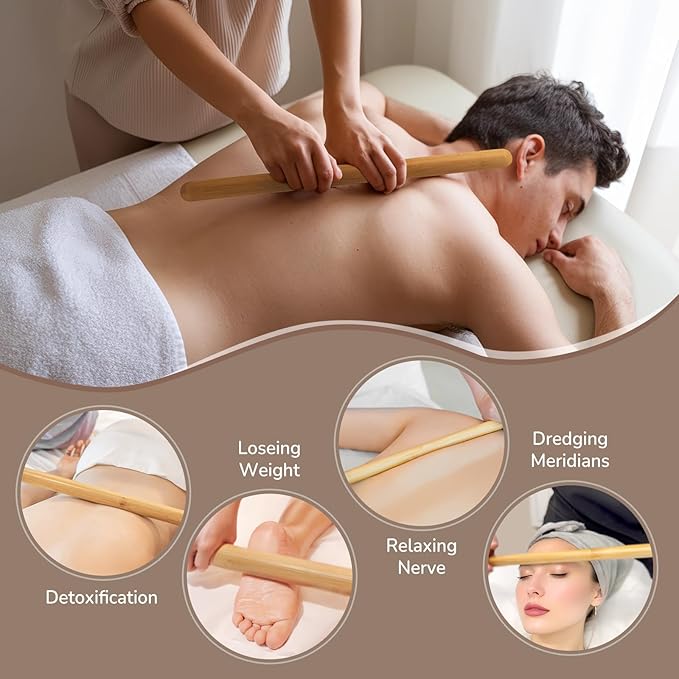4PCS Solid Bamboo Massage Sticks & Guasha Set with Roller/Stick - 100% Bamboo Therapy Tools for Neck/Arm/Back/Legs/Full Body, Deep Tissue Massage, Muscle Relaxation, Body Shaping, Fatigue Relief-CasaMuseHome