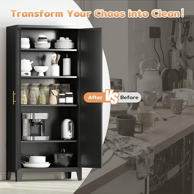 70.87" H Metal Kitchen Pantry Cabinet, Freestanding Cupboard with 2 Doors and 4 Adjustable Shelves, Tall Metal Storage Cabinet for Kitchen, Bathroom, Dinning Room or Laundry Room （Black）-CasaMuseHome