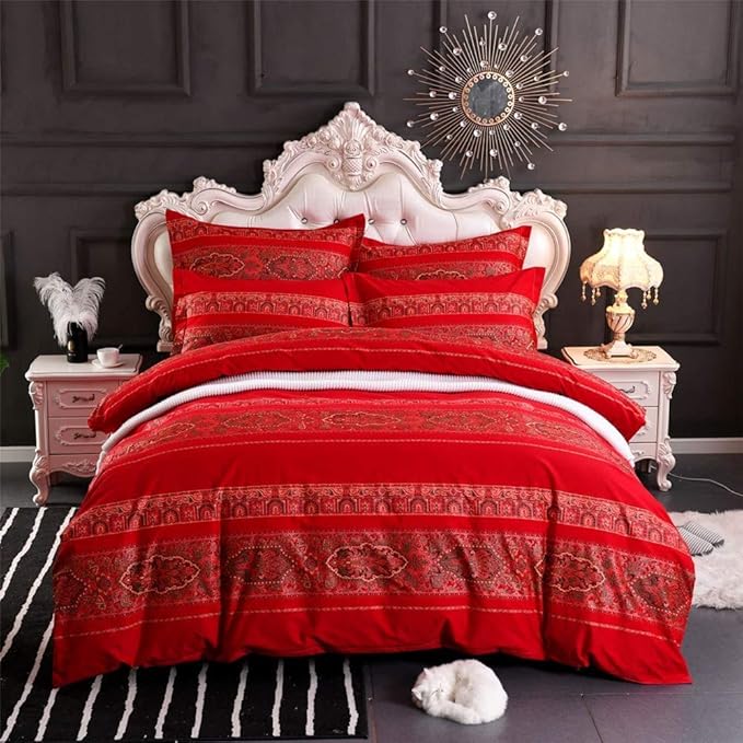 ABREEZE King Duvet Covers, Bohemian Retro Bedding Set, Coloful Mandala Down Comforter Cover, Boho Floral Style Quilt Cover, 100% Brushed Cotton, 1 Duvet Cover and 2 Pillow Shams,Red-CasaMuseHome