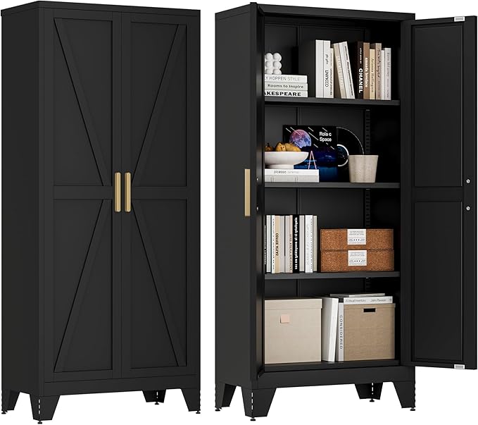 61" Tall Farmhouse Metal Pantry Cabinet, Kitchen Pantry Storage Cabinets with 2 Barn Door and Adjustable Shelves,Metal Pantry Storage Cabinet,for Kitchen,Laundry Room,Home Office,Kids Room (Black)-CasaMuseHome