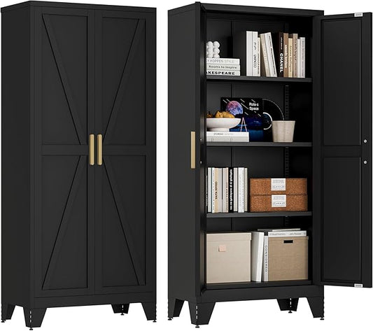61" Tall Farmhouse Metal Pantry Cabinet, Kitchen Pantry Storage Cabinets with 2 Barn Door and Adjustable Shelves,Metal Pantry Storage Cabinet,for Kitchen,Laundry Room,Home Office,Kids Room (Black)-CasaMuseHome