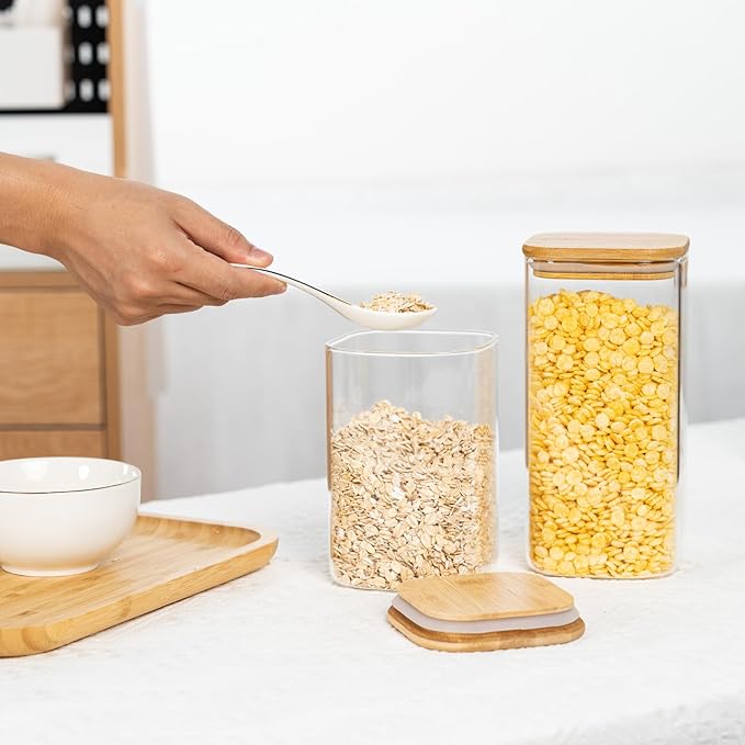 41oz Airtight Glass Square Storage Canister with Bamboo Lid Set of 4 (1200ml) Container Stackable Jar, Kitchen Canister for Pantry Noodles, Flour and Coffee beans (‎with Black Lable)-CasaMuseHome