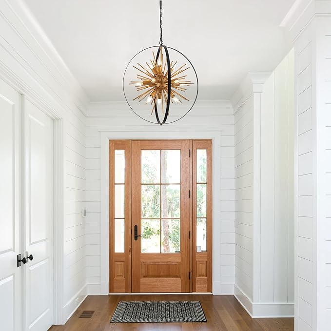 23.2'' Black Gold 12-Light Globe Sputnik Chandelier Modern Industrial Adjustable Hanging Ceiling Firework Pendant Light Fixture for Entryway Foyer Bedroom Dining Living Room Hallway-CasaMuseHome