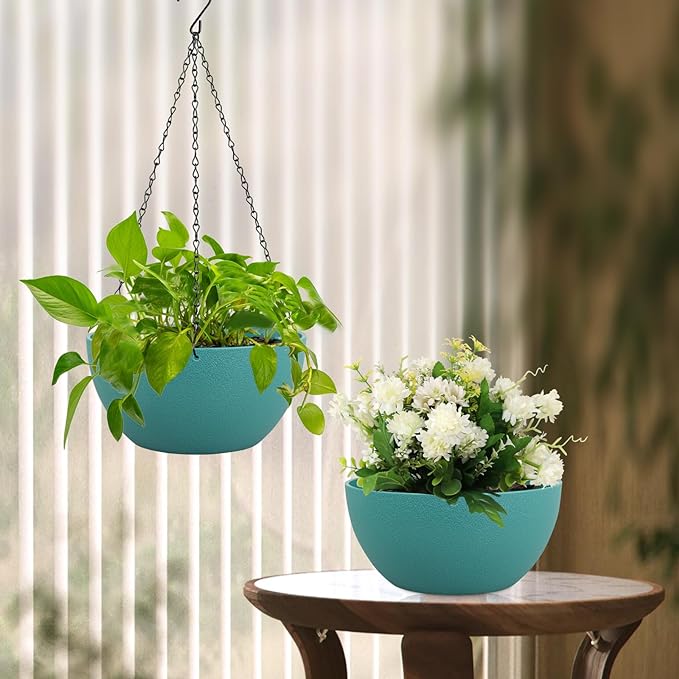 8 inch Small Hanging Planters Plant Pots for Indoor Outdoor Plants, 2 Pack Hanging Flower Pots with Drainage Holes and Chain for Garden, Plastic Hanging Baskets for House Plants, Blue Green-CasaMuseHome