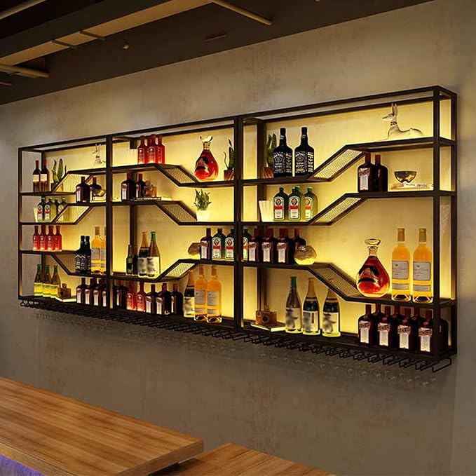 94.4in Wall Mounted Wine Rack with LED Light, 5-Tiers Liquor Bottles Display Shelf with Glasses Holder, Metal Home Bar Shelves with Industrial Iron Frame for Kitchen (Black, 94.4in/7.87ft)-CasaMuseHome