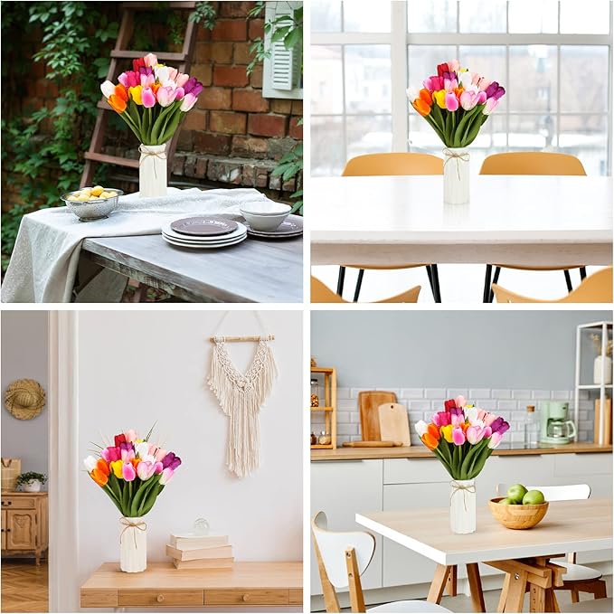 27pcs Colorful Artificial Flowers Tulips, Tulips with 1pc Plastic Vase, Fake Flowers Real Touch Flower 13.9", Christmas, Mother's Day, Easter, Valentine's Day, Family Kitchen, Wedding Decorations-CasaMuseHome