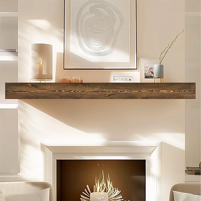 72x8x3 Fireplace Mantel - Handcrafted Hollow Rustic Solid Wood Wall Mounted Floating Shelf with Invisible Heavy Duty Wood Bracket (Weathered Brown)-CasaMuseHome