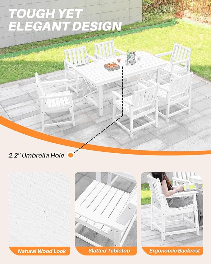 7 Pieces HDPE Outdoor Dining Set, Patio Dining Set with Umbrella Hole, All Weather Outdoor Dining Table Sets for 6, HDPE Patio Furniture Sets for Deck, Backyard, Lawn, and Poolside, Pearl-CasaMuseHome