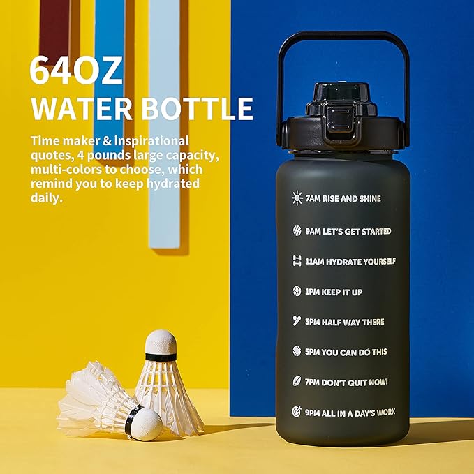 64oz,100oz,128oz Large Motivational Water Bottle with Time Marker, Leakproof & BPA Free Half Gallon Big Water Bottle with Straw Handle Tritan Frosted Water Jug for Gym,Fitness,Outdoor Sports-CasaMuseHome