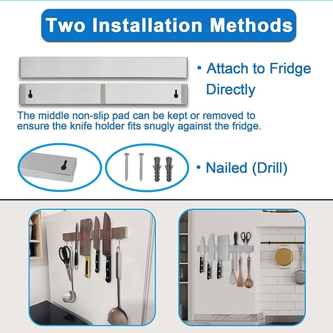 14 Inch Magnetic Knife Holder for Refrigerator - Knife Magnetic Strip for Fridge with Magnetic Hooks - Double Sided Magnetic Knife Bar - Stainless Steel Kitchen Magnetic Knife Hanger Rack-CasaMuseHome