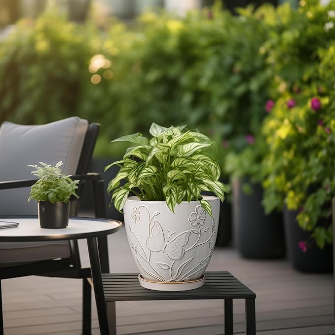 8 Inch Ceramic Pots for Plants Large Planter Pot with Drainage Hole and Saucer Round Flower Pot for Indoor Outdoor Decor, White-CasaMuseHome