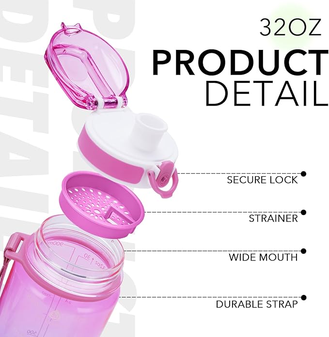 32oz Motivational Water Bottles with Time Marker & Fruit Strainer, Transparent Gradient Color Water Bottle with Times to Drink, Leakproof & BPA Free, Reusable Bottle with Strap (No Straw)-CasaMuseHome