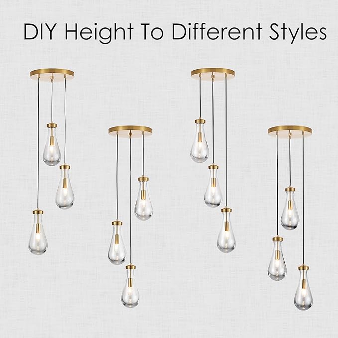 3-Light Raindrop Pendant Light Fixtures, Brass Glass Pendant Lighting, Teardrops Modern Hanging Light for Entryway Foyer Kitchen Island Dining Living Room Hallway-CasaMuseHome