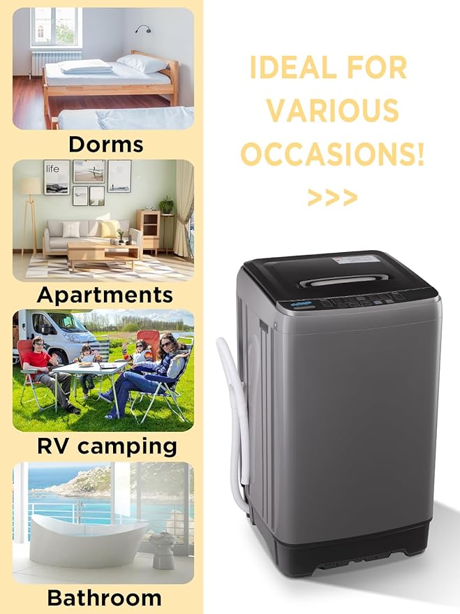17.7 lbs Full-Automatic Washing Machine with LED Display, Portable Compact Laundry Washer with Drain Pump, 10 Wash Programs 8 Water Levels, Grey-CasaMuseHome