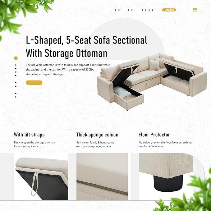 7 - Seater Sofa Bed, Large U - Shaped Modular Sectional Sofa, Oversized Pull - Out Sleeper with Storage for Living Room, Beige-CasaMuseHome